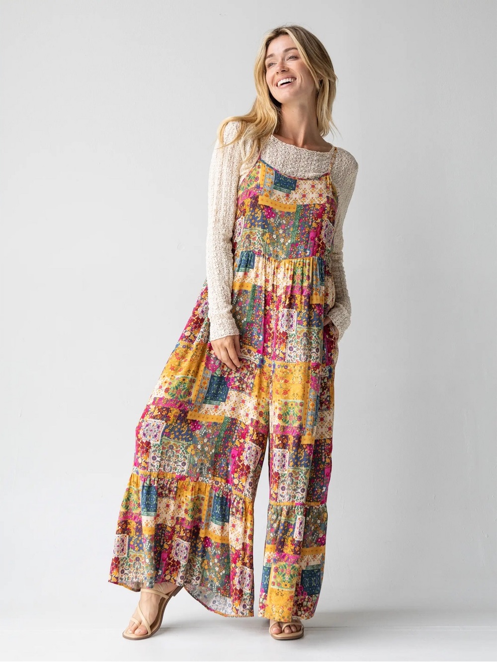 Natural Life Wide Leg Jumpsuit Patchwork Overalls Yellow Pink Size Small Boho